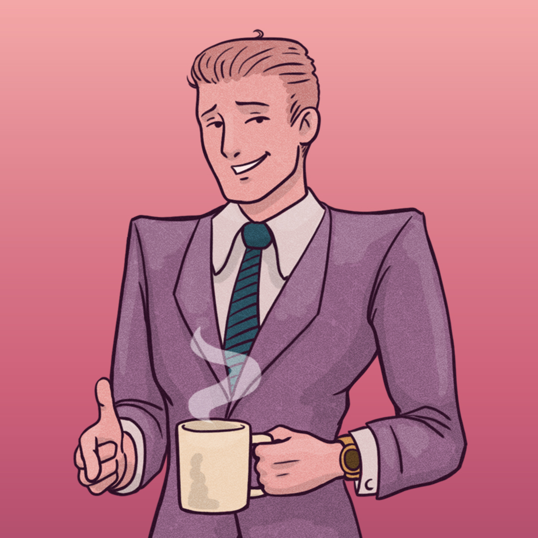 Business Casual -mies höyryävä kahvikuppi kädessään ja puvun takki ja kravatti ja hän vinkkaa kädellään katsojalle.